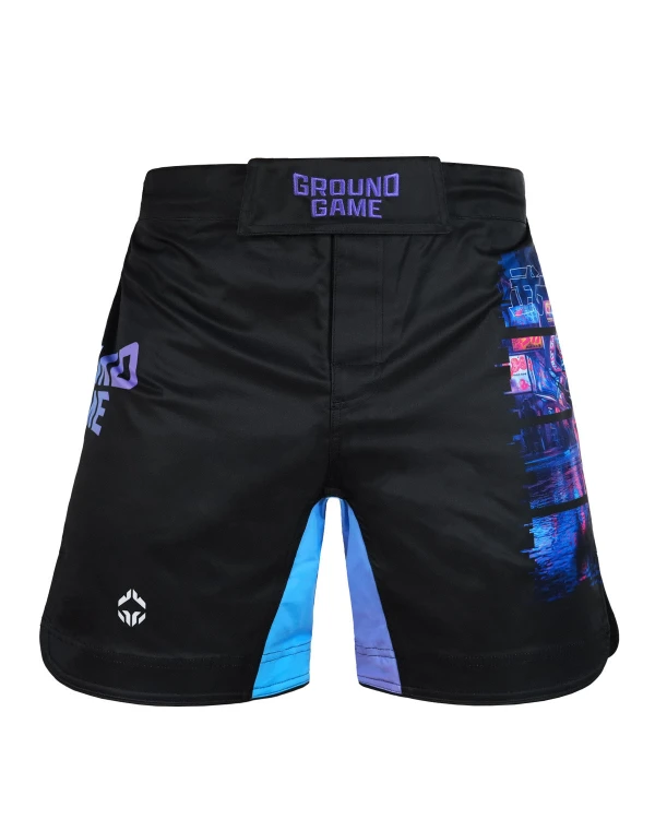 Spodenki MMA Ground Game Cyber Samurai – przód, pas na rzep i niebieski panel w kroku